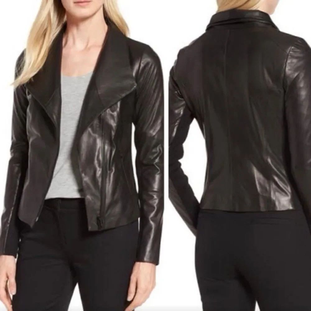 Nordstrom Signature Stand Collar Fitted Leather Jacket - size XS in Black